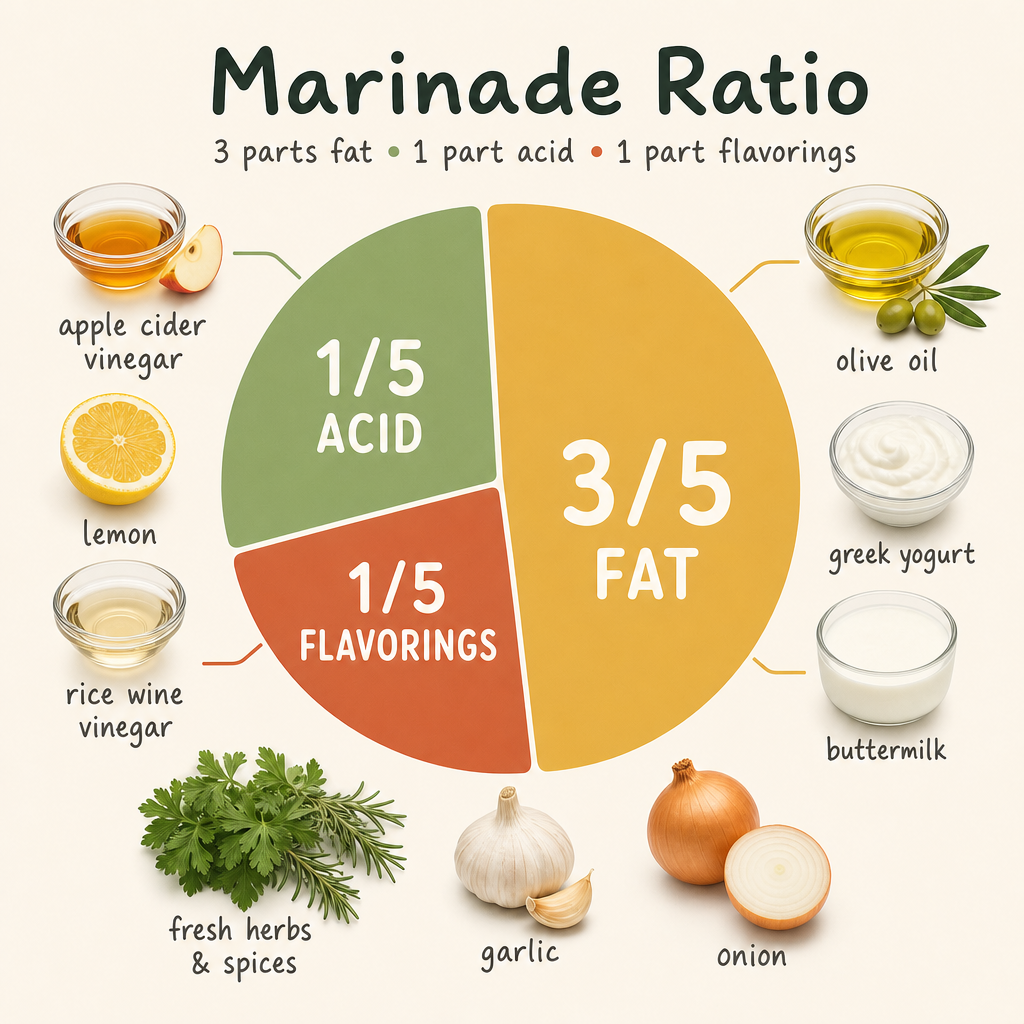 Marinade ratio diagram: fat, acid, and seasonings