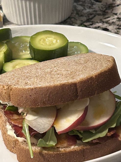 B.L. peach sandwich with hot honey and jalapeño mayo