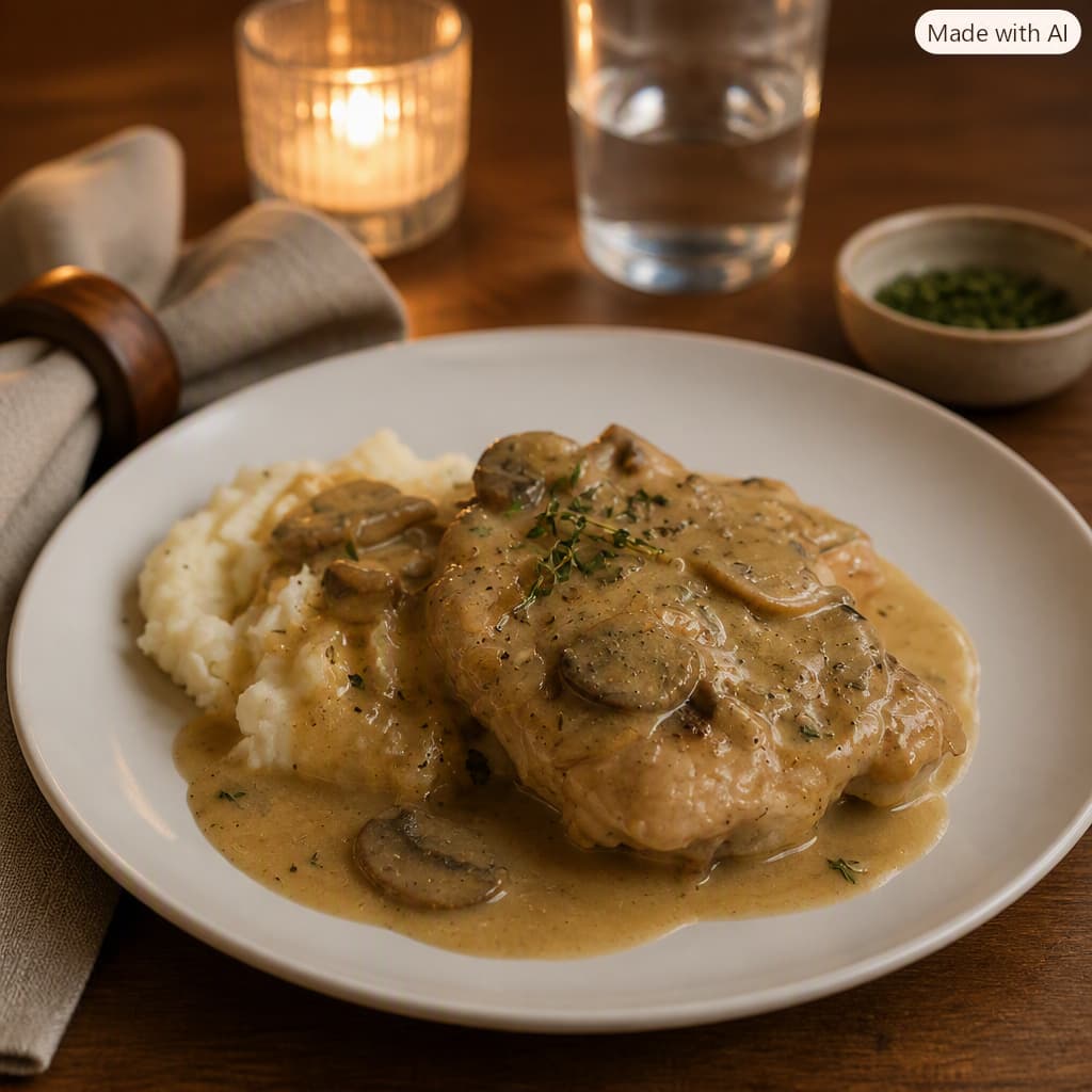Cozy skillet smothered pork chops in mushroom onion cream gravy