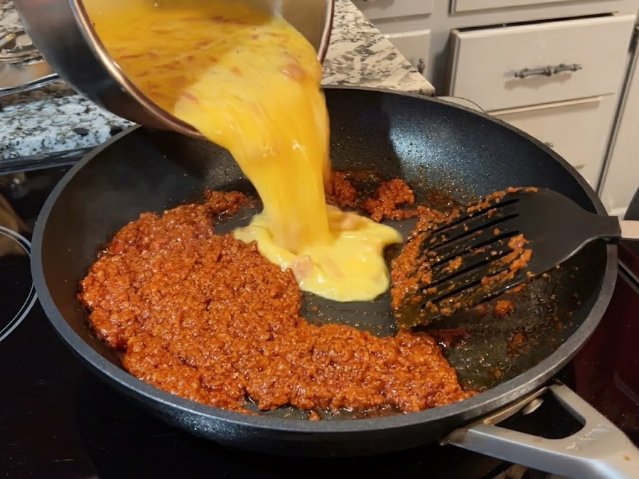 Egg mixture added to chorizo