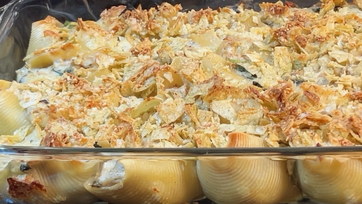 Tuna stuffed shells with potato chip crumb
