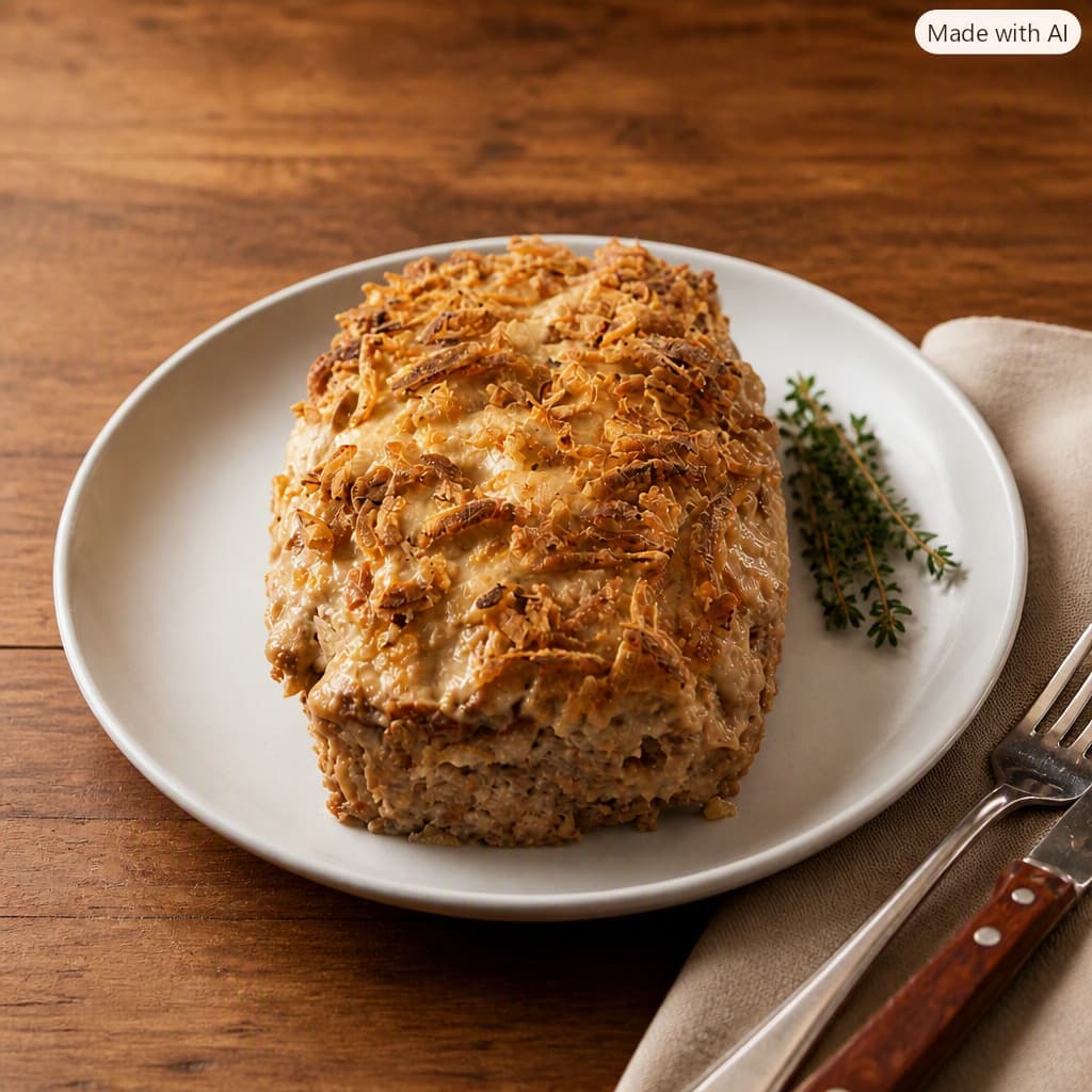 Turkey dinner meatloaf with gravy and crispy fried onions